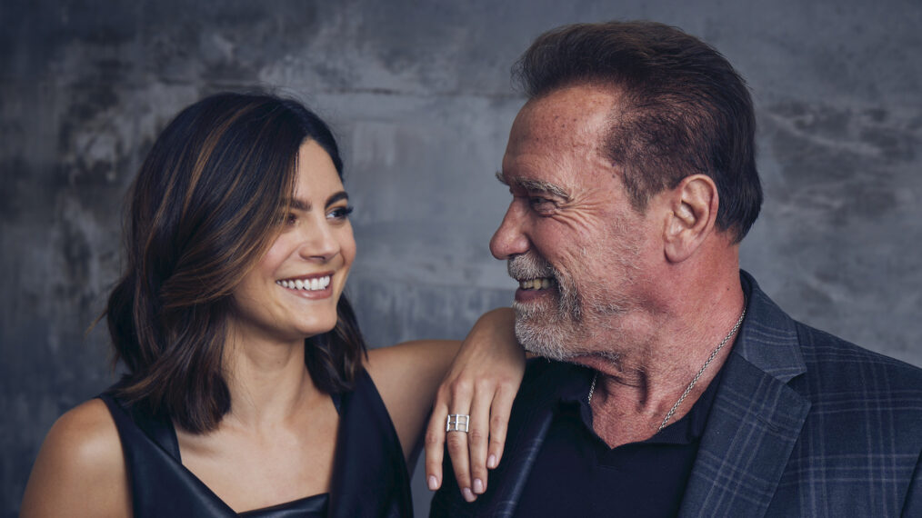 Monica Barbaro and Arnold Schwarzenegger at the 'FUBAR' shoot