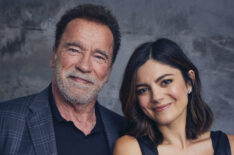 Monica Barbaro and Arnold Schwarzenegger at the 'FUBAR' shoot for TV Insider