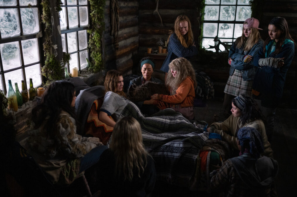 Courtney Eaton, Sophie Nélisse, Jasmin Savoy Brown, Liv Hewson, Samantha Hanratty, Mya Lowe, Jenna Burgess, and Alexa Barajas in 'Yellowjackets' Season 2 Episode 6