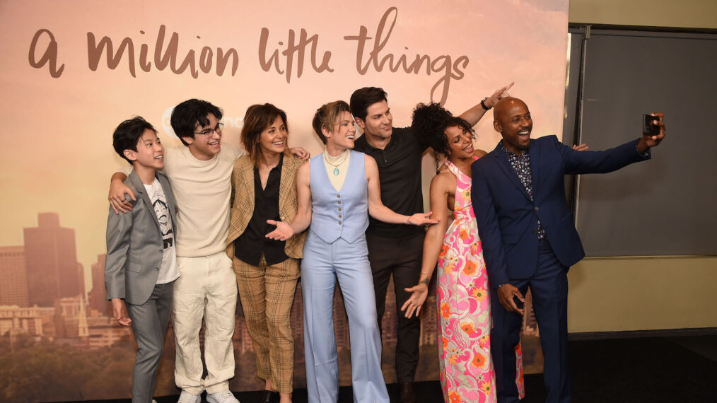 Tristan Byon, Chance Hurstfield, Stephanie Szostak, Cameron Esposito, David Giuntoli, Christina Moses, and Romany Malco at 'A Million Little Things' finale celebration