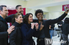 Jeremy Sisto, Missy Peregrym, Zeeko Zaki, Alana De La Garza, and Katherine Renee Kane behind the scenes of 'FBI' during filming of 'God Complex'