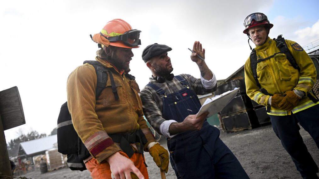 Max Thieriot, David Gould, and Kevin Alejandro behind the scenes of 'Fire Country'