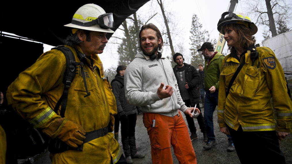 Billy Burke, Max Thieriot, and Diane Farr behind the scenes of 'Fire Country'