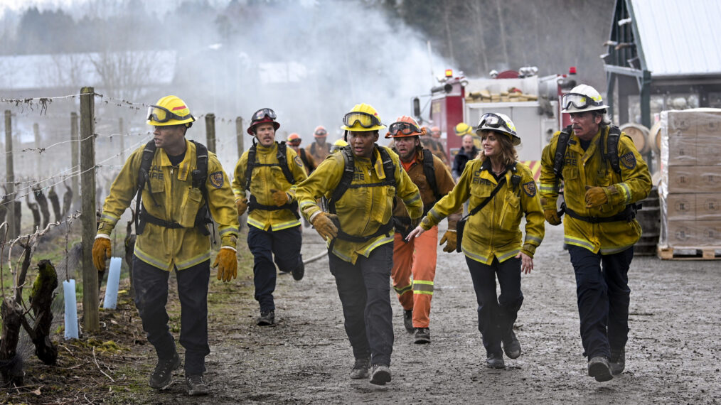 Jordan Calloway, Kevin Alejandro, Jules Latimer, Max Thieriot, Diane Farr, and Billy Burke in 'Fire Country'