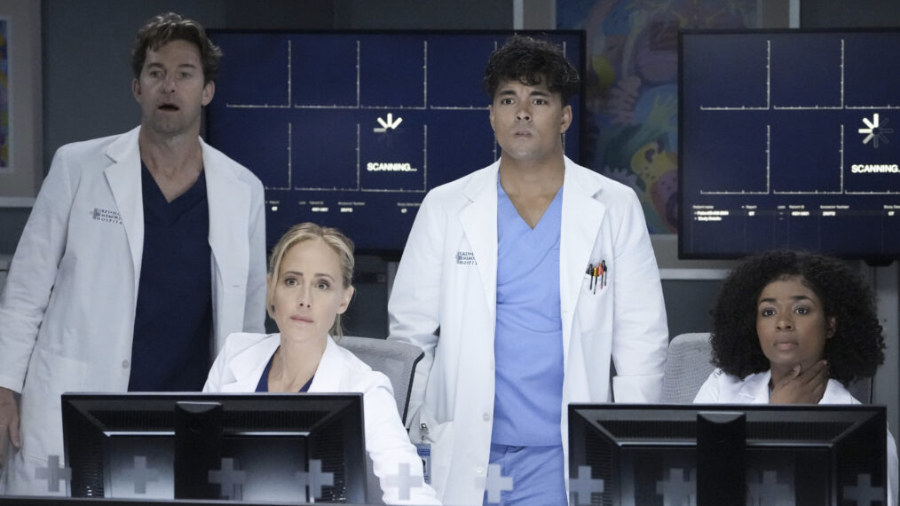 Scott Speedman as Nick, Kim Raver as Teddy, Niko Terho as Adams, and Alexis Floyd as Griffith in 'Grey's Anatomy' Season 19, Episode 18