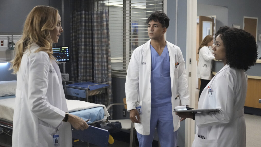 Kim Raver as Teddy, Niko Terho as Adams, and Alexis Floyd as Griffith in 'Grey's Anatomy' Season 19, Episode 18