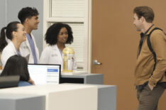 Midori Francis as Yasuda, Niko Terho as Adams, Alexis Floyd as Griffith, and Scott Speedman as Nick in 'Grey's Anatomy' Season 19, Episode 18