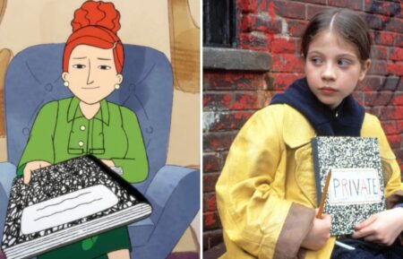 Michelle Trachtenberg's character in Apple TV+'s 'Harriet the Spy' (L); Michelle Trachtenberg in 'Harriet the Spy' in 1996 (R)