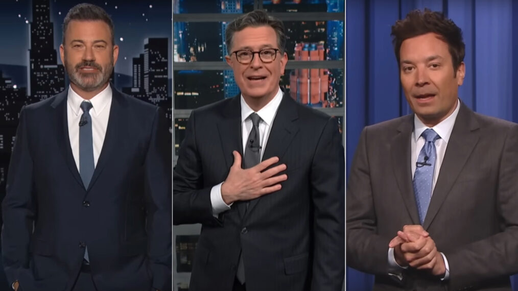 Jimmy Kimmel, Stephen Colbert, and Jimmy Fallon hosting late-night