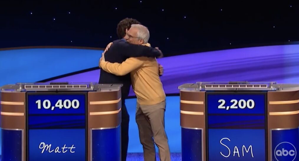 Matt Amodio and Sam Buttrey hug on Jeopardy! Masters