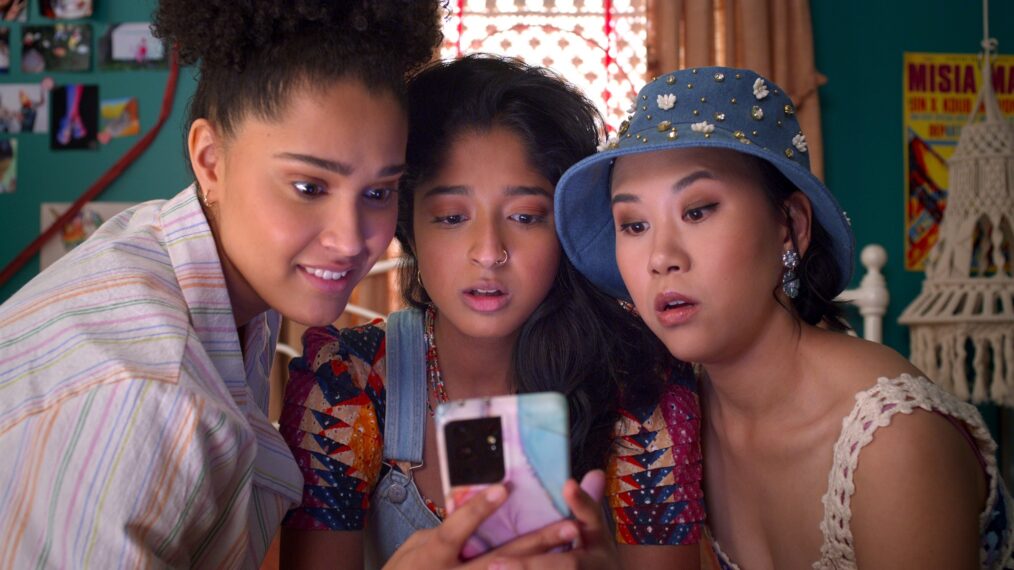 Lee Rodriguez, Maitreyi Ramakrishnan, and Ramona Young in 'Never Have I Ever' Season 4