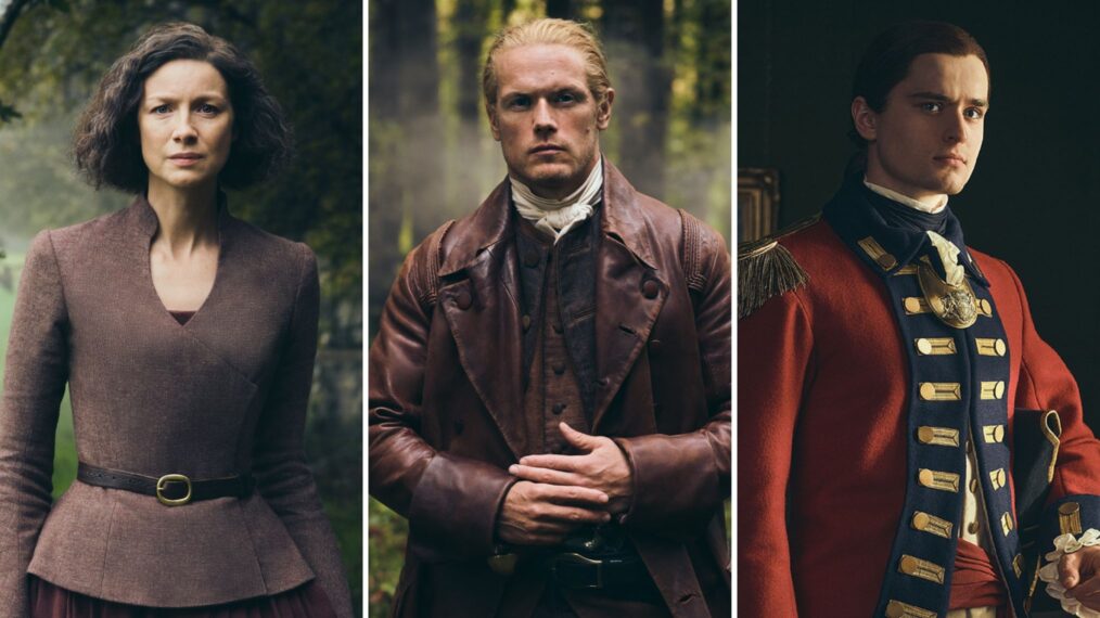 'Outlander' Season 7 character portaits featuring Caitriona Balfe, Sam Heughan, and Charles Vandervaart