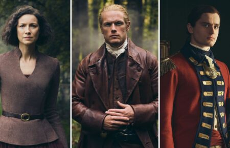 'Outlander' Season 7 character portaits featuring Caitriona Balfe, Sam Heughan, and Charles Vandervaart