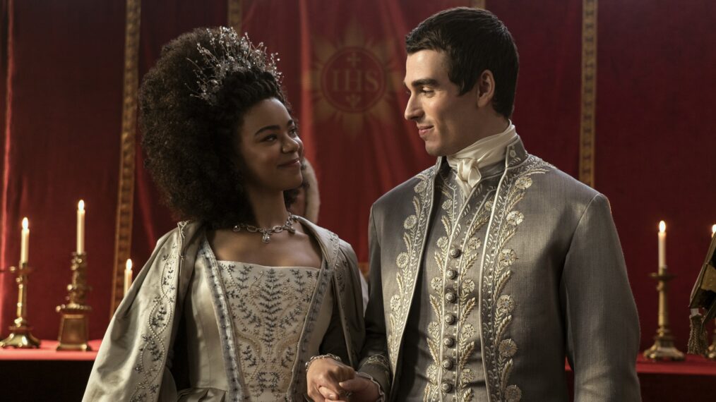 India Amarteifio and Corey Mylchreest in 'Queen Charlotte: A Bridgerton Story'