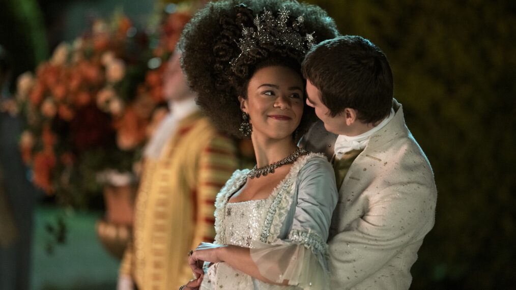 India Amarteifio and Corey Mylchreest in 'Queen Charlotte: A Bridgerton Story'