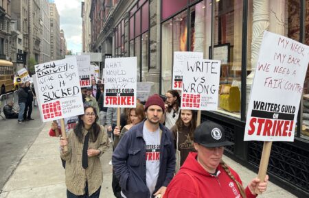 WGA writers strike Netflix picket line in New York City on Wednesday, May 3, 2023