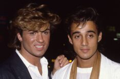 British singer songwriter George Michael, lead singer of the pop group Wham!, with the group's guitarist Andrew Ridgeley at the film premiere of the hit 'Dune' in 1984