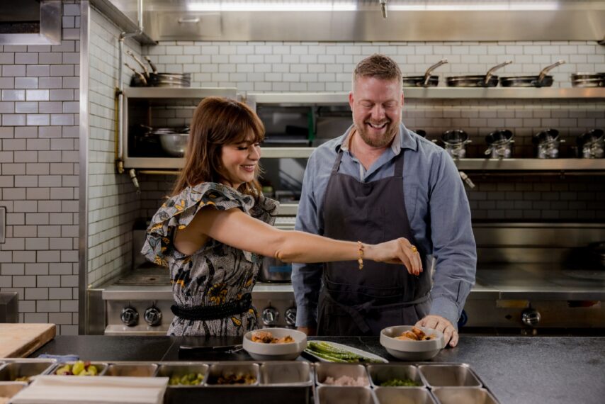 Zooey Deschanel with Chef Tim Hollingsworth in 'What Am I Eating?'