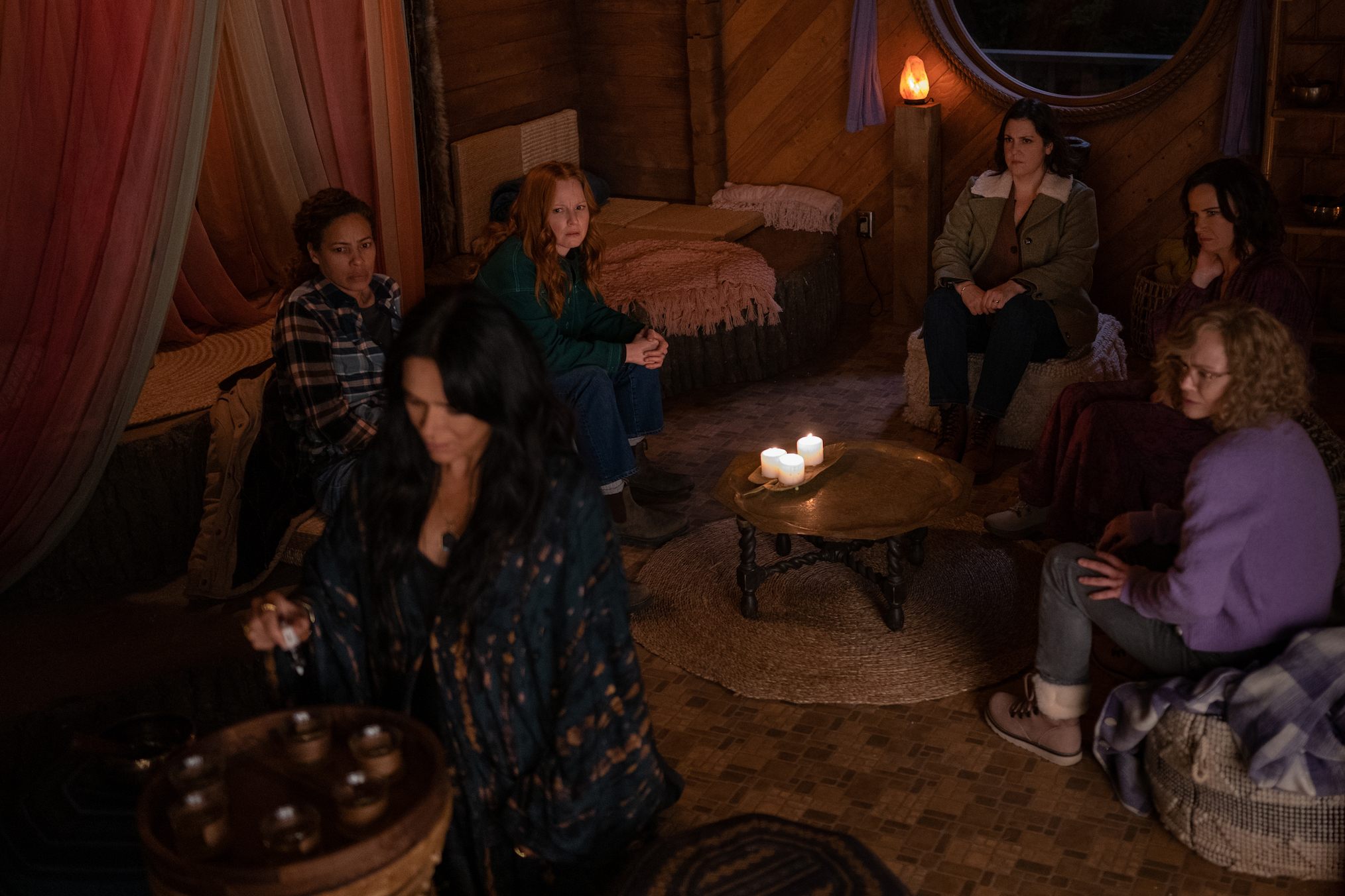 Simone Kessell, Tawny Cypress, Lauren Ambrose, Melanie Lynskey, Juliette Lewis, and Christina Ricci in 'Yellowjackets'