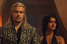 Henry Cavill as Geralt and Anya Chalotra as Anya Chalotra in The Witcher