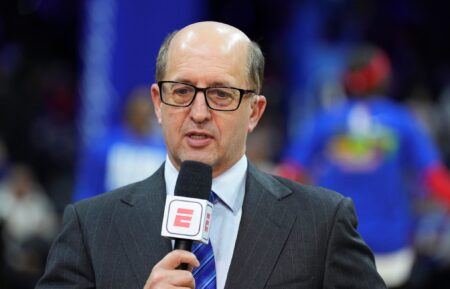 ESPN analyst Jeff Van Gundy looks on prior to the game between the Boston Celtics and Philadelphia 76ers at the Wells Fargo Center on February 25, 2023 in Philadelphia, Pennsylvania.