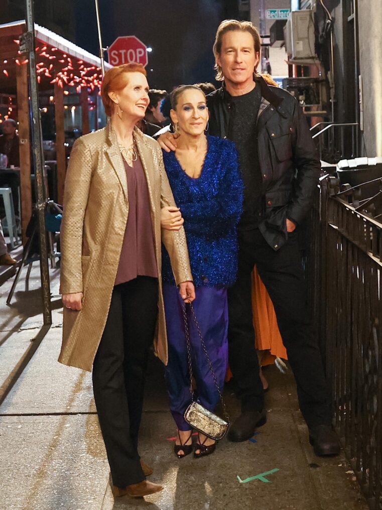 Cynthia Nixon, Sarah Jessica Parker, and John Corbett on the set of 'And Just Like That...' Season 2