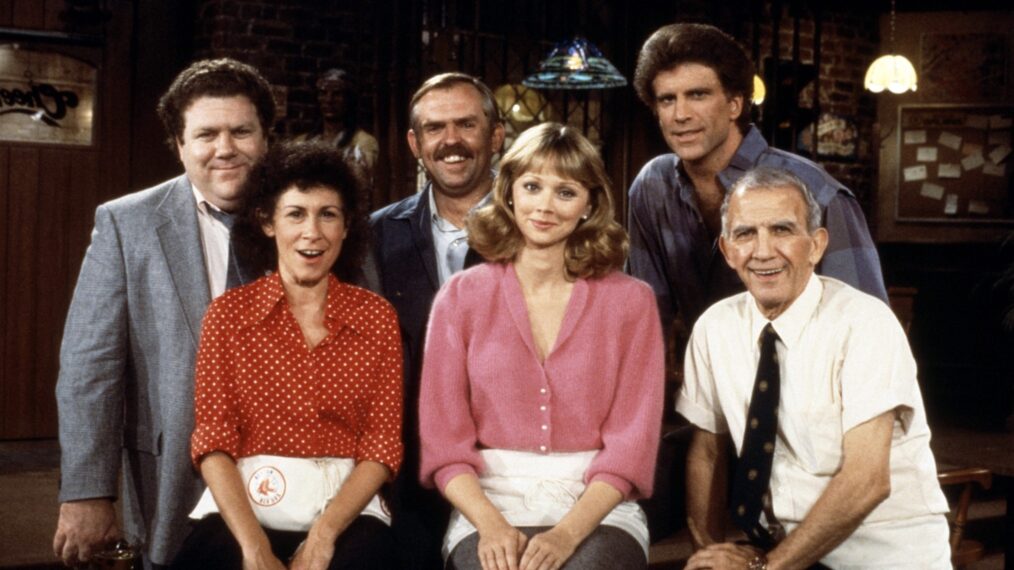 Cheers stars George Wendt, Rhea Perlman, John Ratzenberger, Shelley Long, Ted Danson, Nicholas Colasanto, 1982–93