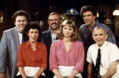 Cheers stars George Wendt, Rhea Perlman, John Ratzenberger, Shelley Long, Ted Danson, Nicholas Colasanto, 1982–93