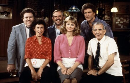 Cheers stars George Wendt, Rhea Perlman, John Ratzenberger, Shelley Long, Ted Danson, Nicholas Colasanto, 1982–93