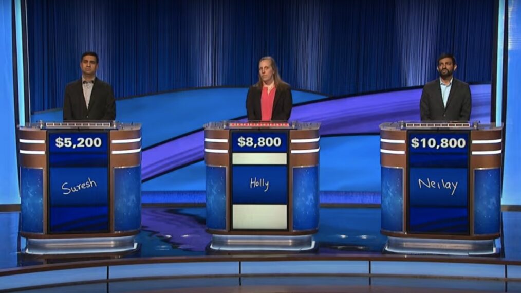 Suresh Krishnan, Holly Hassel, and Neilay Amin in the June 14, 2023 episode of 'Jeopardy!'