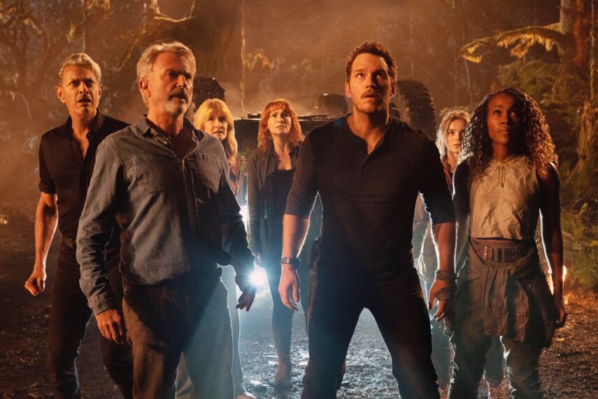 Jeff Goldblum, Sam Neill, Laura Dern, Bryce Dallas Howard, Chris Pratt, Isabella Sermon, and DeWanda Wise in 'Jurassic World: Dominion'