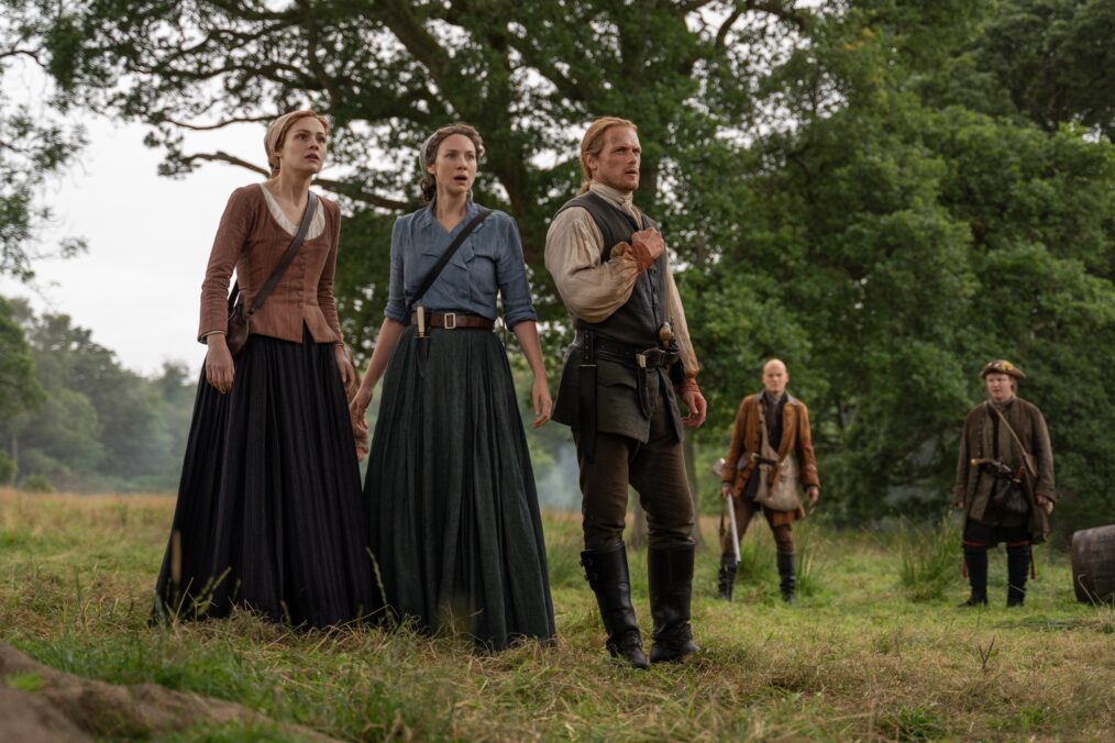 Sophie Skelton, Caitriona Balfe, and Sam Heughan in 'Outlander' Season 5