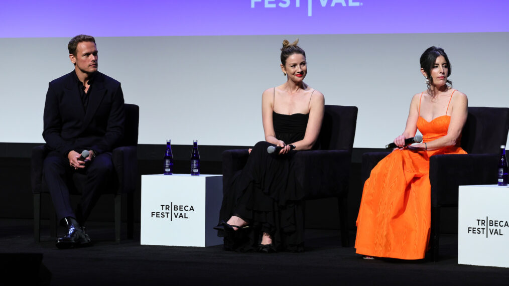 Sam Heughan, Caitríona Balfe, and Maril Davis at the 'Outlander' Season 7 world premiere panel at the Tribeca Film Festival