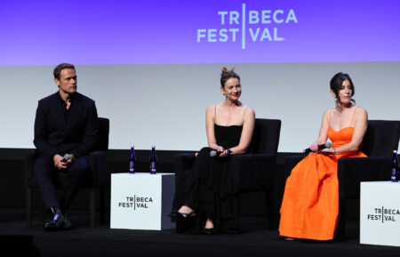 Sam Heughan, Caitríona Balfe, and Maril Davis at the 'Outlander' Season 7 world premiere panel at the Tribeca Film Festival