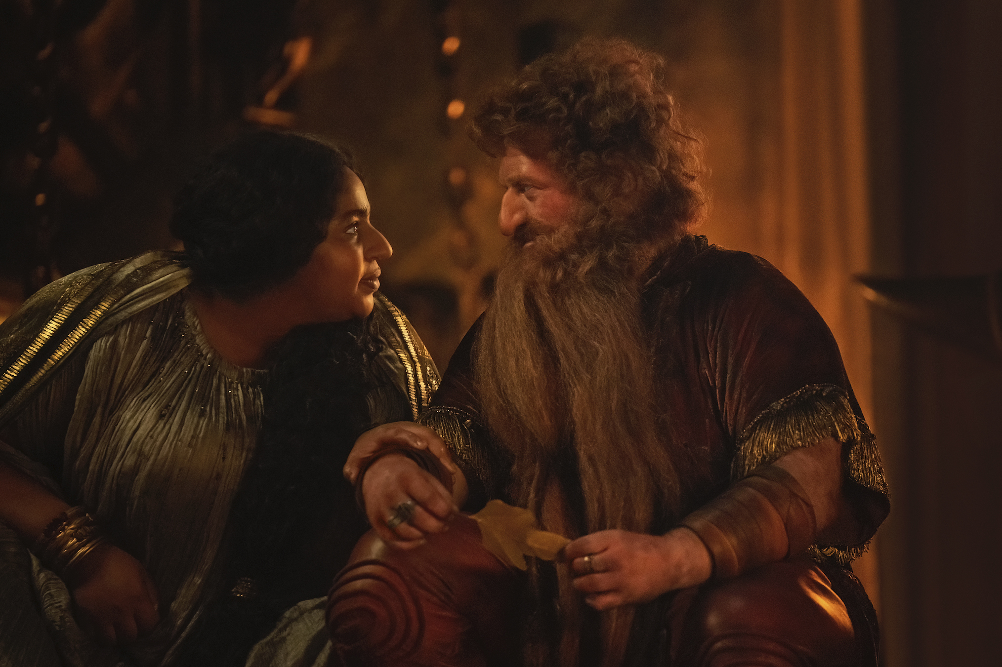 Sophia Nomvete and Owain Arthur in 'The Rings of Power' Season 1