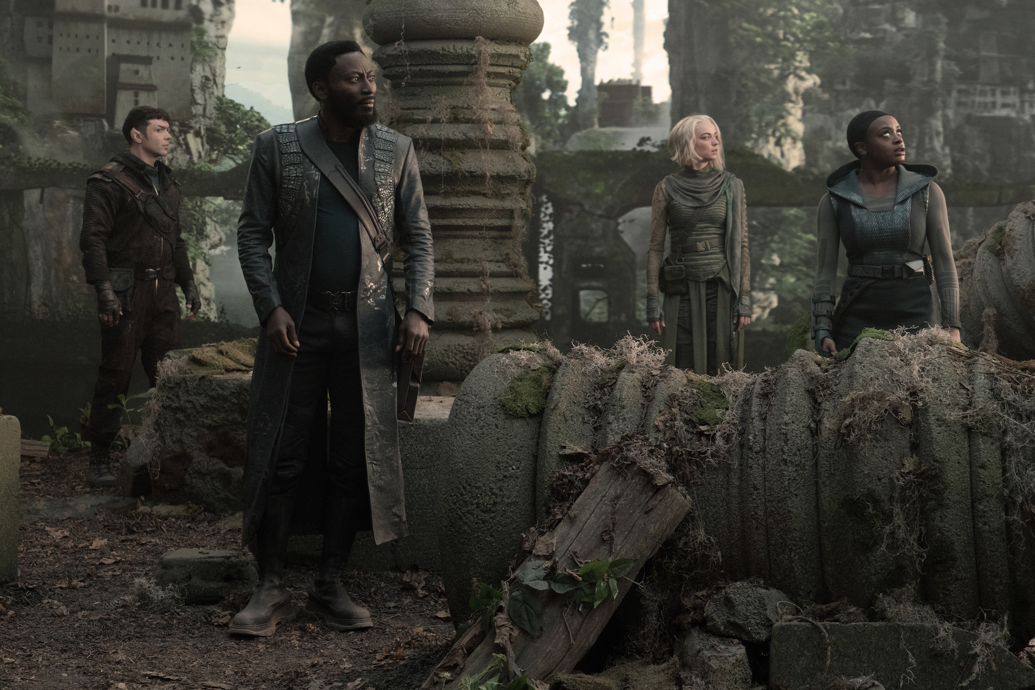 Ethan Peck, Babs Olusanmokun, Jess Bush, and Celia Rose Gooding in 'Star Trek: Strange New Worlds'