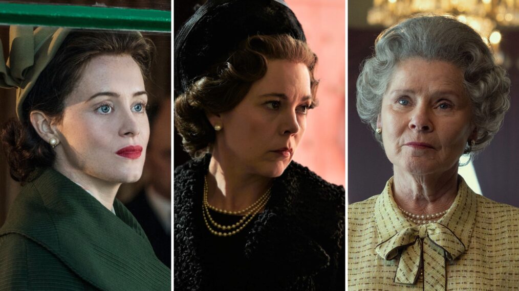 Claire Foy, Olivia Colman, and Imelda Staunton as Queen Elizabeth II in 'The Crown'