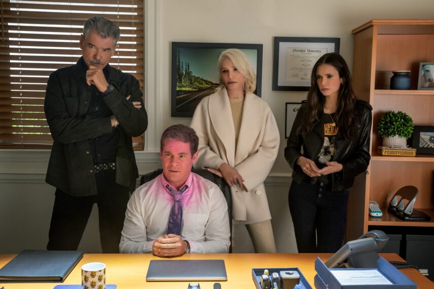 Pierce Brosnan, Adam DeVine, Ellen Barkin, and Nina Dobrev in 'The Out-Laws'