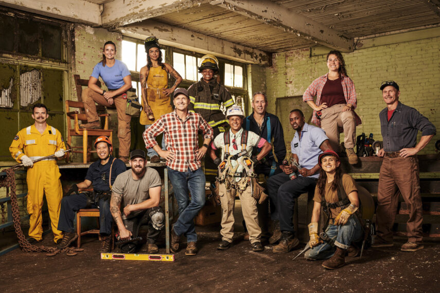 The cast of 'Tough as Nails' Season 5: (L-R) Dustin Bradford, Kenji Ngo, Jessica Hayes, Ben Dempsey, Carolina Paredes, Host Phil Keoghan, Akeela Al-Hameed, Cheryl Lieteau, Paul Hamilton, Marcus Jones, Carly Steiman, Yesi Reyes, and Todd Anderson