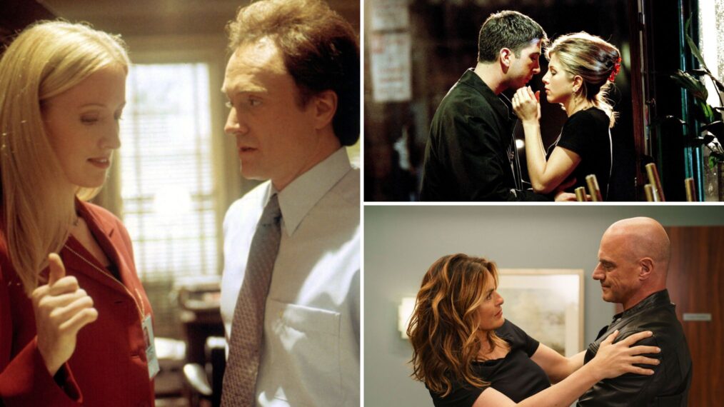 Janel Moloney and Bradley Whitford in 'The West Wing,' David Schwimmer and Jennifer Aniston in 'Friends,' and Mariska Hargitay and Christopher Meloni in 'Law & Order: Organized Crime'