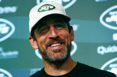 Aaron Rodgers of the New York Jets talks to reporters