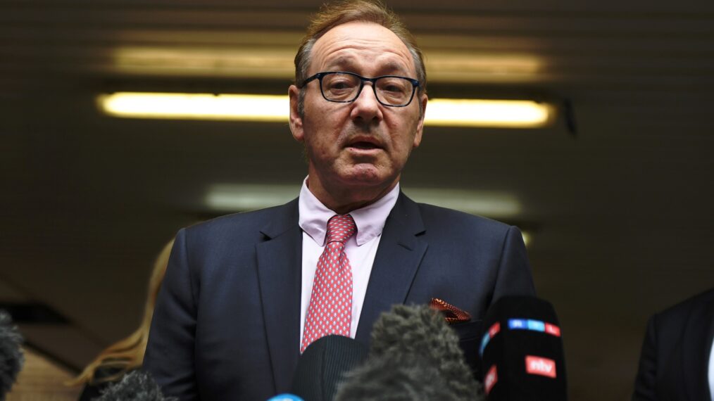 Kevin Spacey speaks to press after leaving court at Southwark Crown Court on July 26, 2023