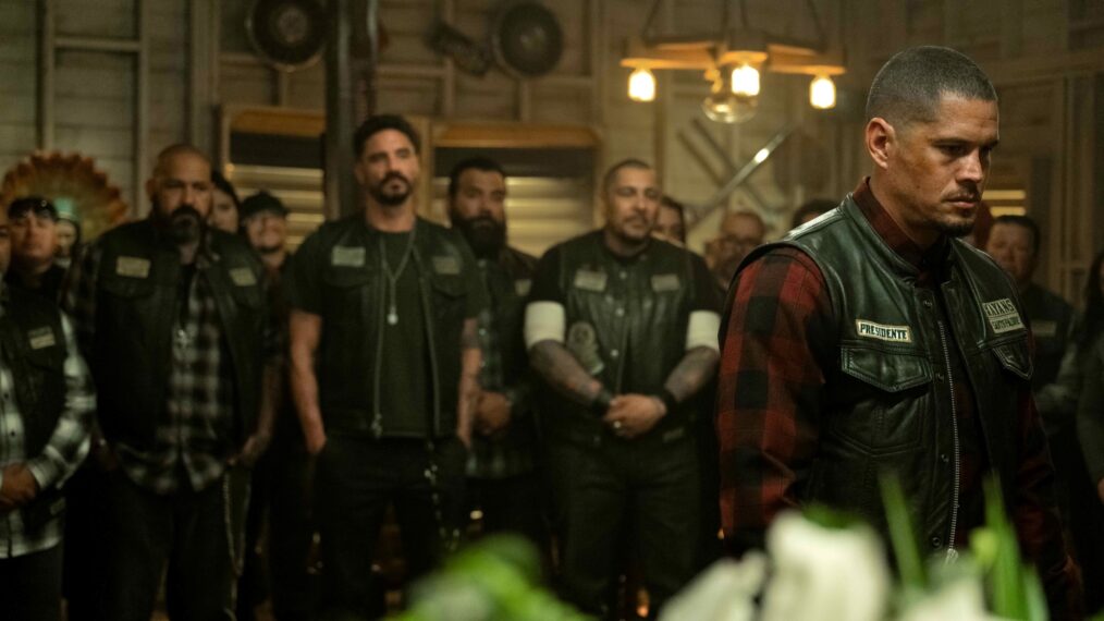 MAYANS M.C., back from left: Vincent Vargas, Clayton Cardenas, Frankie Loyal, right: JD Pardo, 'Her Blacks Crackle and Drag', (Season 5, ep. 508, aired July 5, 2023). photo: Prashant Gupta / ©FX / Courtesy Everett Collection