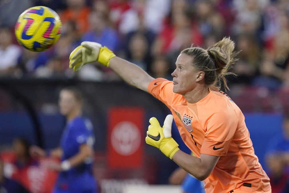 Alyssa Naeher #1 of the United States tends goal against Brazil during the first half in the 2023 SheBelieves Cup match at Toyota Stadium on February 22, 2023 in Frisco, Texas