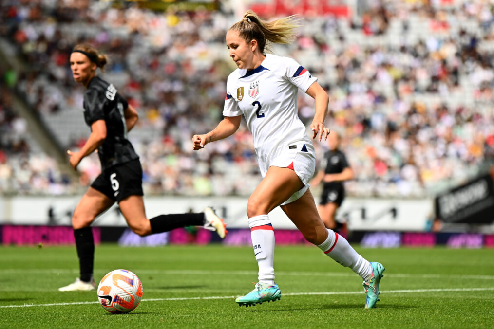 Ashley Sanchez of USA makes a break during the womens International Friendly match between New Zealand Football Ferns and United States at Eden Park on January 21, 2023 in Auckland, New Zealand
