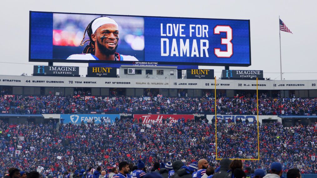 The scoreboard depicts a message of support for Damar Hamlin during the game between the New England Patriots and the Buffalo Bills at Highmark Stadium on January 08, 2023 in Orchard Park, New York