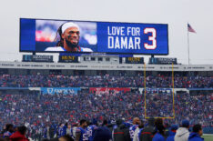 The scoreboard depicts a message of support for Damar Hamlin during the game between the New England Patriots and the Buffalo Bills at Highmark Stadium on January 08, 2023 in Orchard Park, New York