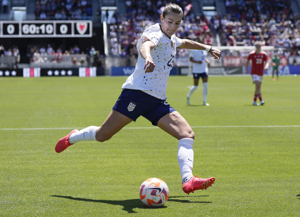 Emily Fox #23 of the USA Women's National Team shoots on goal against the Wales National Team in the second half of the Send Off Match at PayPal Park on July 09, 2023 in San Jose, California