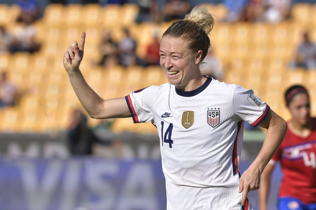 Emily Sonnett of USA celebrates after scoring her team's first goal during the semifinal between United States and Costa Rica as part of the 2022 Concacaf W Championship at Universitario Stadium on July 14, 2022 in Monterrey, Mexico