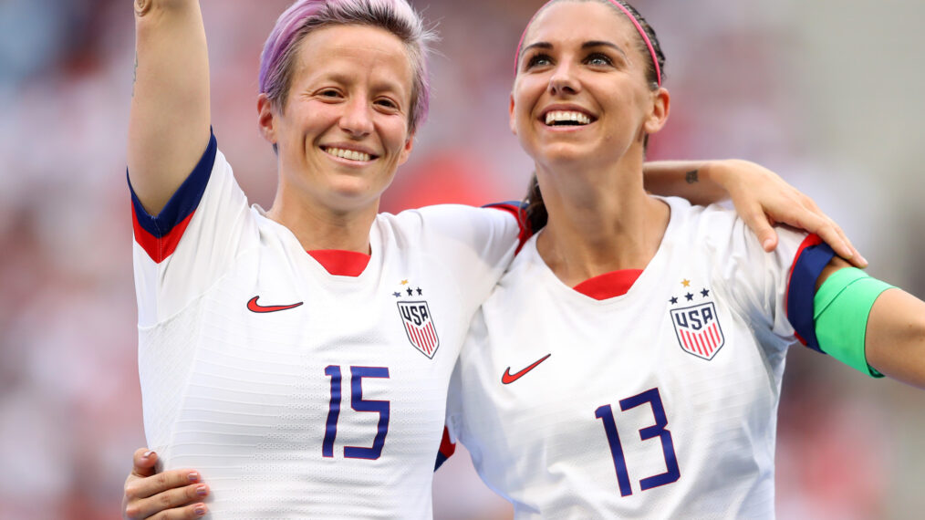 Megan Rapinoe of the USA celebrates with teammate Alex Morgan after winning the 2019 FIFA Women's World Cup France Final match between The United States of America and The Netherlands at Stade de Lyon on July 07, 2019 in Lyon, France